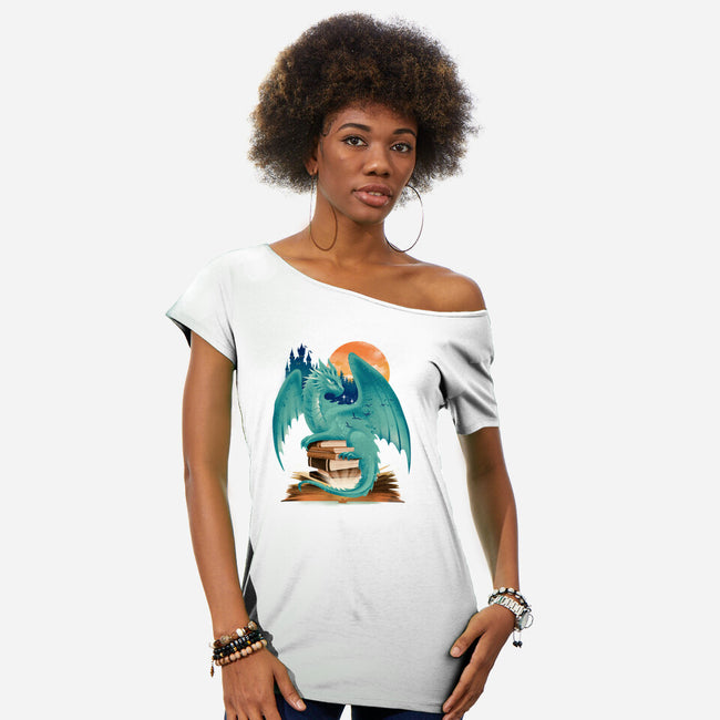 Book Of Dragon And Fantasy-Womens-Off Shoulder-Tee-dandingeroz