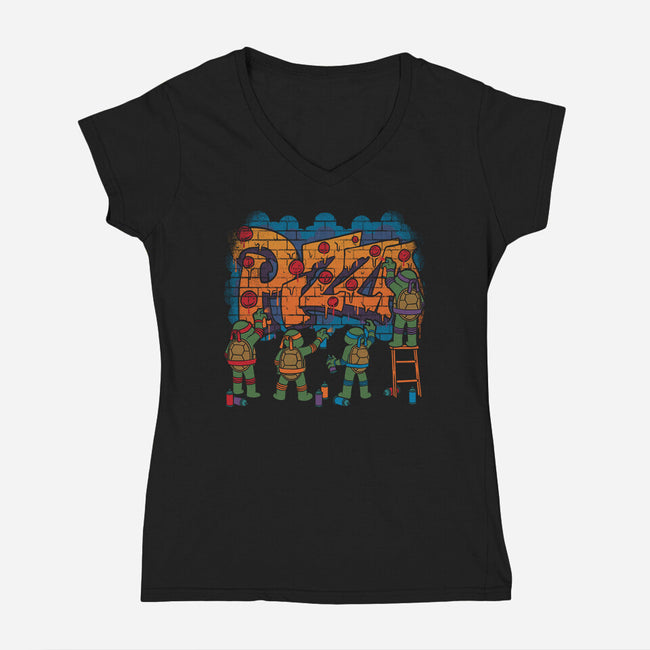 Pizza Turtle Graffiti-Womens-V-Neck-Tee-Studio Mootant