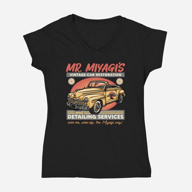 Miyagi Vehicle Restoration-Womens-V-Neck-Tee-glitchygorilla