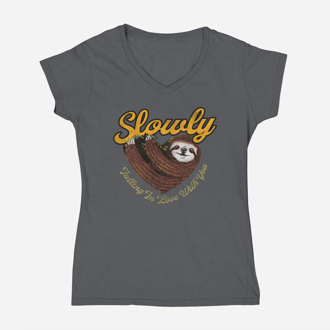 Slowly In Love Sloth-Womens-V-Neck-Tee-dandingeroz