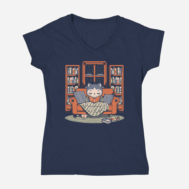 Cozy Book Winter Cat-Womens-V-Neck-Tee-Studio Mootant