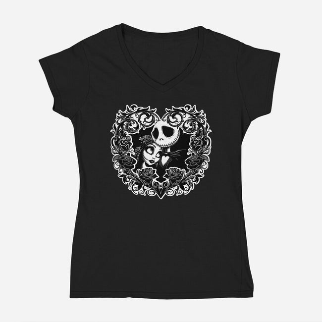 Jack And Sally Love Birds-Womens-V-Neck-Tee-Superblitz