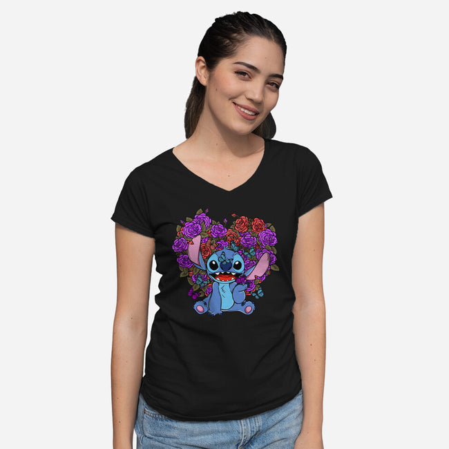 Stitch With Butterfly-Womens-V-Neck-Tee-Superblitz