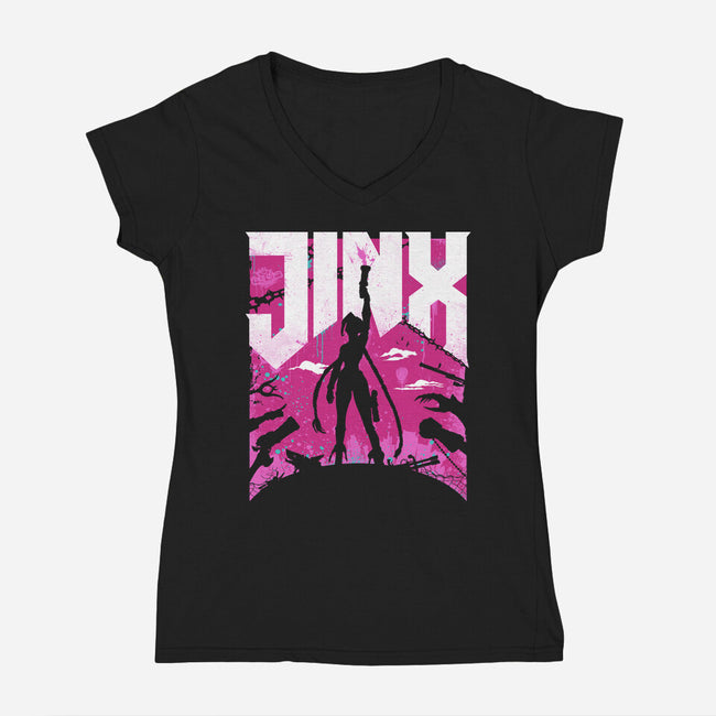 Jinx Doom-Womens-V-Neck-Tee-rocketman_art