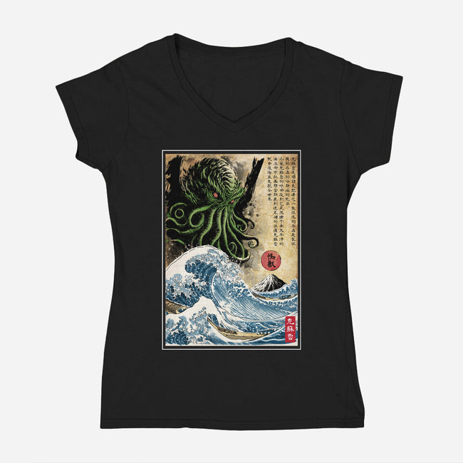 Great Cthulhu In Japan Woodblock-Womens-V-Neck-Tee-DrMonekers