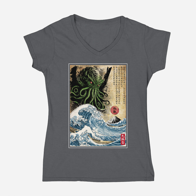 Great Cthulhu In Japan Woodblock-Womens-V-Neck-Tee-DrMonekers