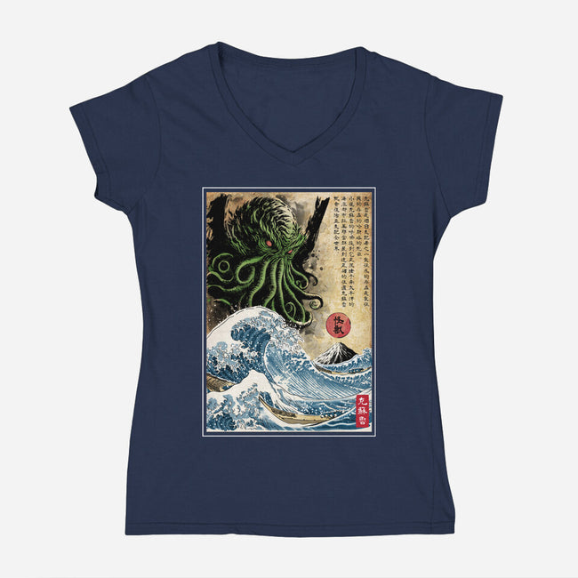 Great Cthulhu In Japan Woodblock-Womens-V-Neck-Tee-DrMonekers
