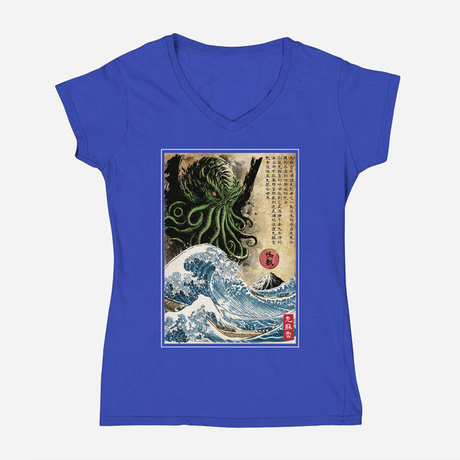 Great Cthulhu In Japan Woodblock-Womens-V-Neck-Tee-DrMonekers