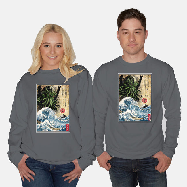 Great Cthulhu In Japan Woodblock-Unisex-Crew Neck-Sweatshirt-DrMonekers