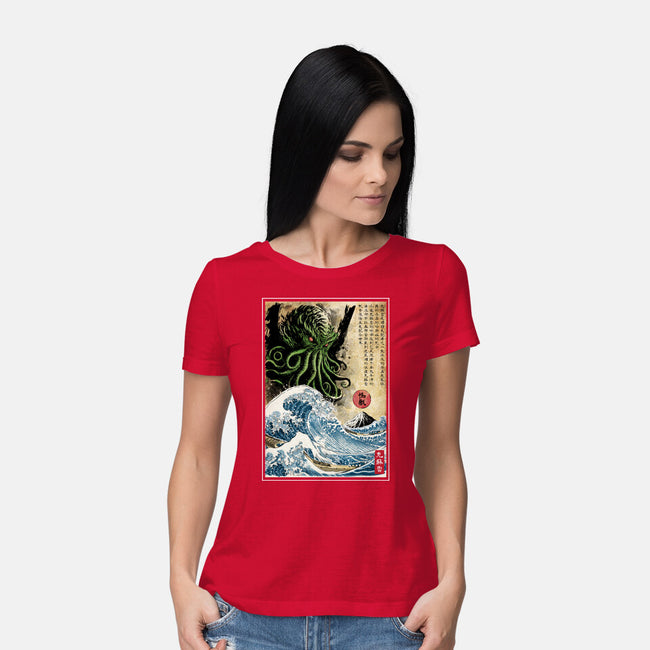 Great Cthulhu In Japan Woodblock-Womens-Basic-Tee-DrMonekers