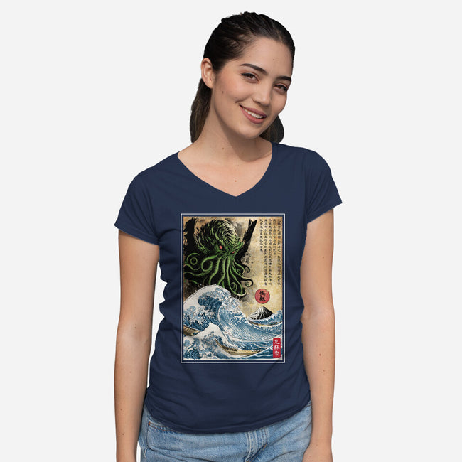 Great Cthulhu In Japan Woodblock-Womens-V-Neck-Tee-DrMonekers