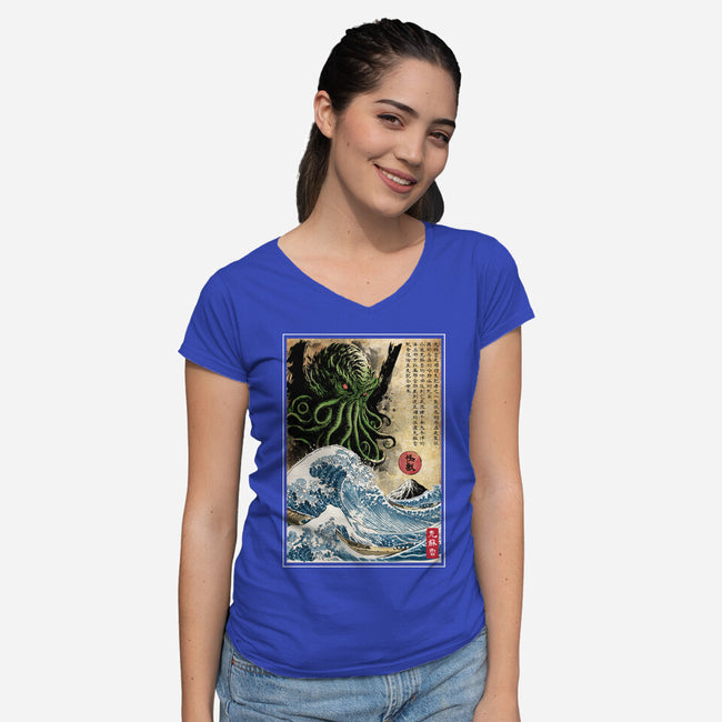 Great Cthulhu In Japan Woodblock-Womens-V-Neck-Tee-DrMonekers