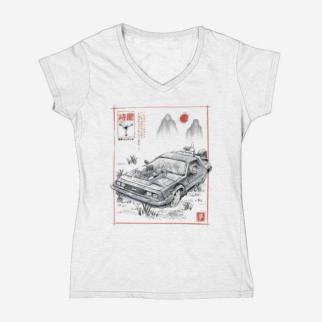 DeLorean Sumi-e-Womens-V-Neck-Tee-Astrobot Invention