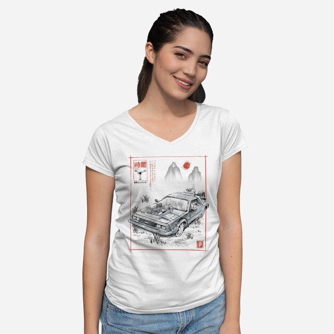 DeLorean Sumi-e-Womens-V-Neck-Tee-Astrobot Invention