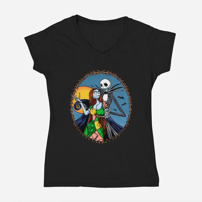 Jack And Sally Old Skool-Womens-V-Neck-Tee-Superblitz