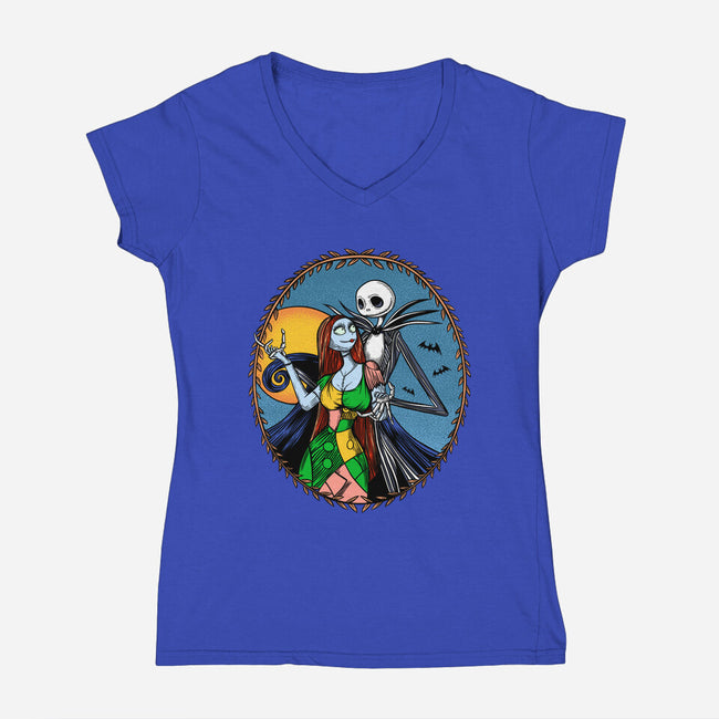 Jack And Sally Old Skool-Womens-V-Neck-Tee-Superblitz