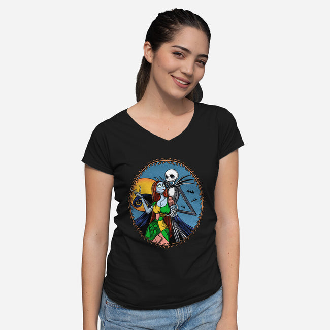 Jack And Sally Old Skool-Womens-V-Neck-Tee-Superblitz