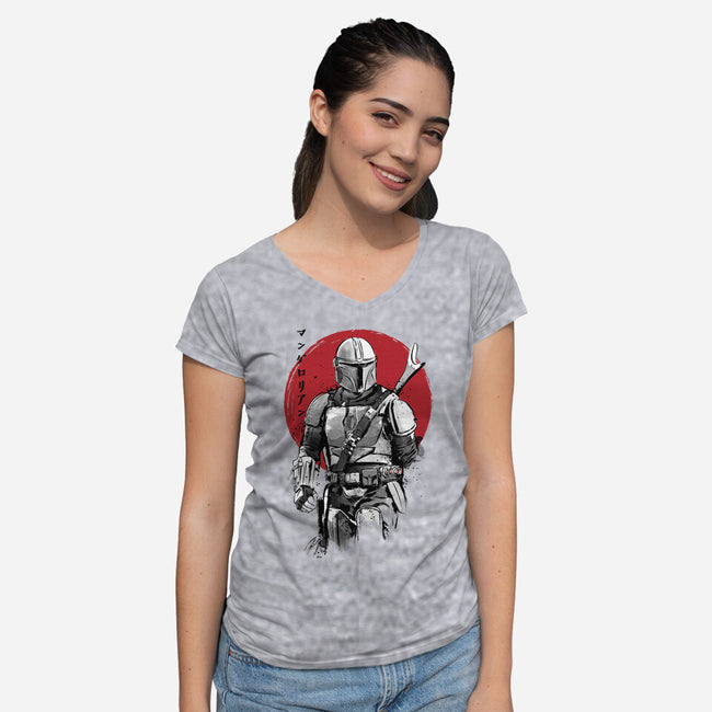 Mandalorian Bounty Hunter Sumi-e-Womens-V-Neck-Tee-DrMonekers