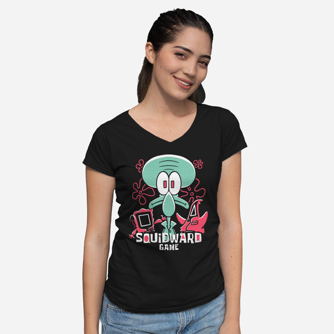 Squidward's Game-Womens-V-Neck-Tee-estudiofitas