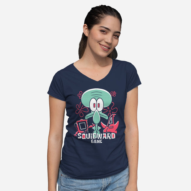 Squidward's Game-Womens-V-Neck-Tee-estudiofitas
