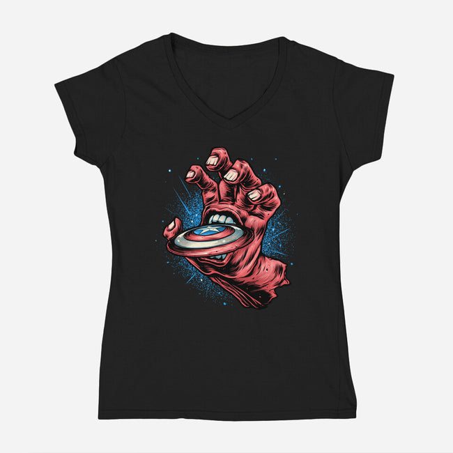 Big Red Hand-Womens-V-Neck-Tee-glitchygorilla