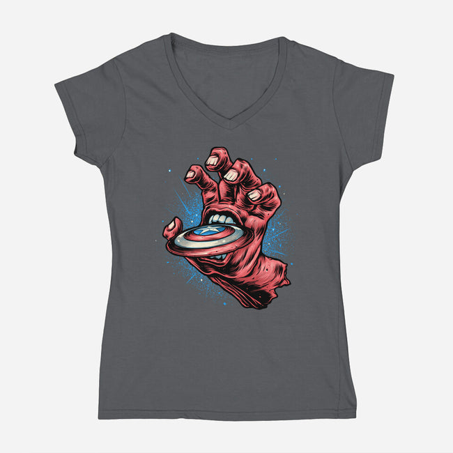 Big Red Hand-Womens-V-Neck-Tee-glitchygorilla