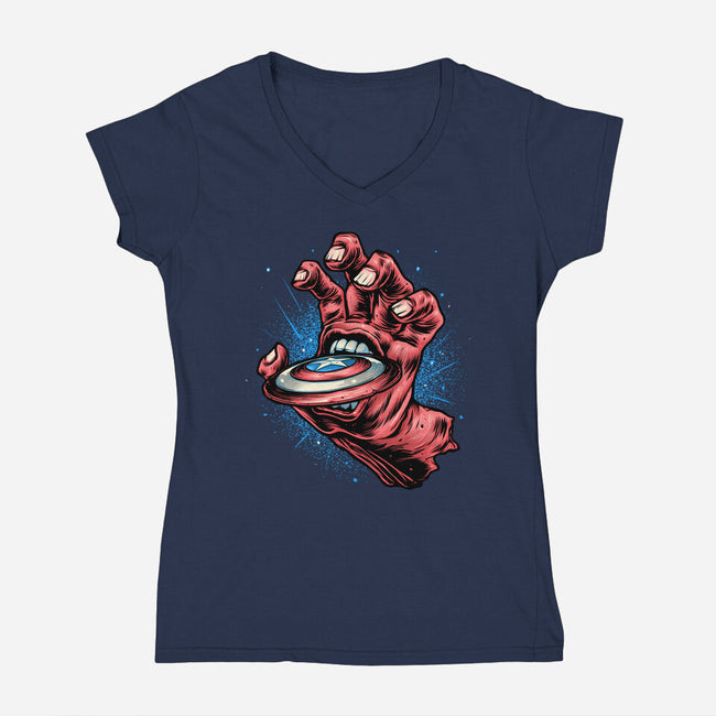 Big Red Hand-Womens-V-Neck-Tee-glitchygorilla