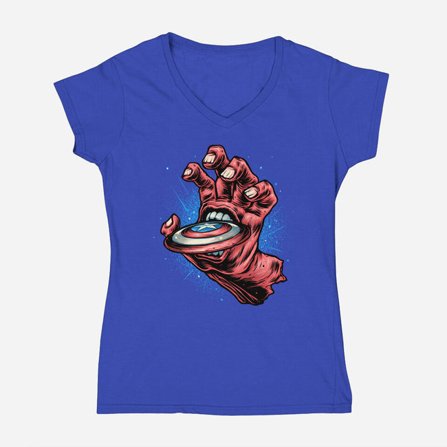 Big Red Hand-Womens-V-Neck-Tee-glitchygorilla