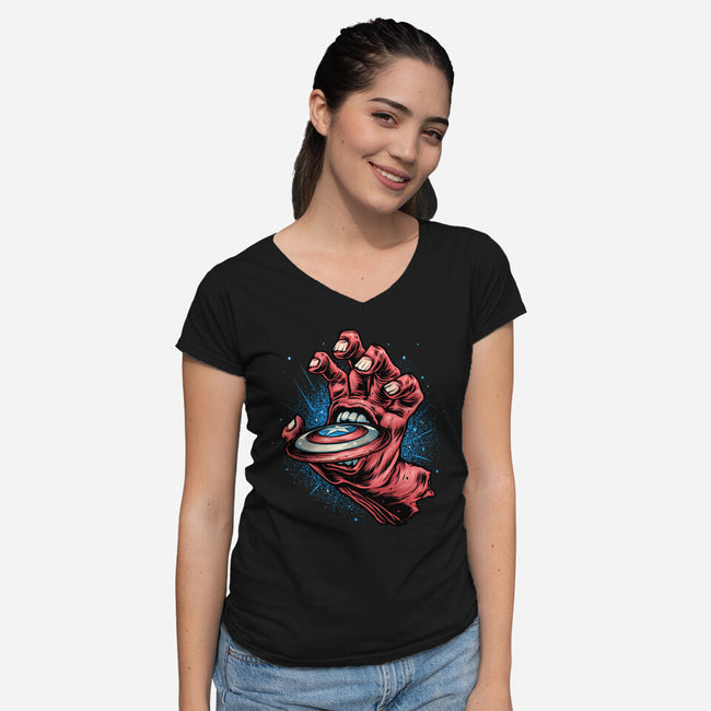 Big Red Hand-Womens-V-Neck-Tee-glitchygorilla