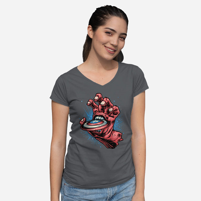 Big Red Hand-Womens-V-Neck-Tee-glitchygorilla