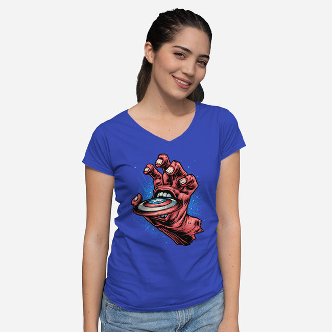 Big Red Hand-Womens-V-Neck-Tee-glitchygorilla