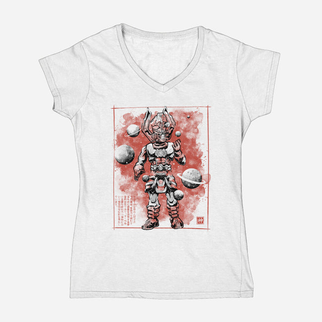 Devourer Of Worlds Sumi-e-Womens-V-Neck-Tee-Astrobot Invention