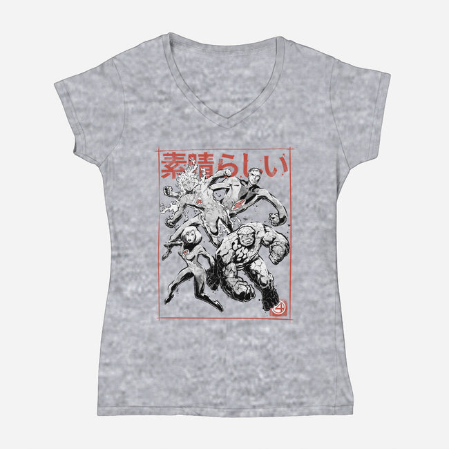 Fantastic Superheroes Sumi-e-Womens-V-Neck-Tee-Astrobot Invention