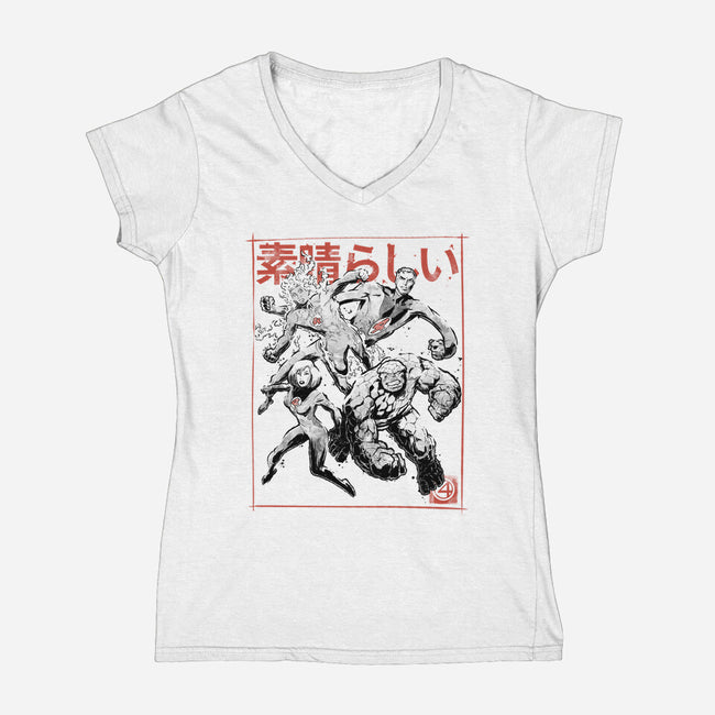 Fantastic Superheroes Sumi-e-Womens-V-Neck-Tee-Astrobot Invention