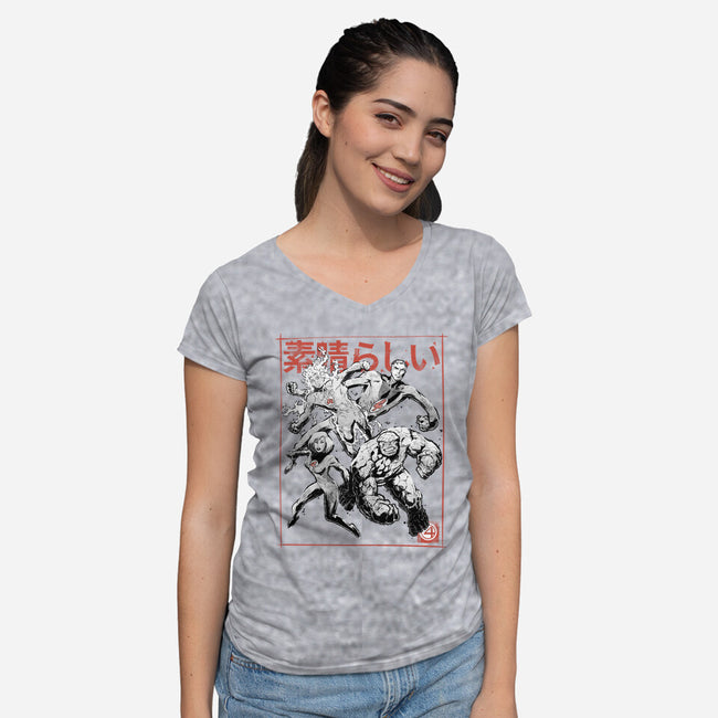 Fantastic Superheroes Sumi-e-Womens-V-Neck-Tee-Astrobot Invention
