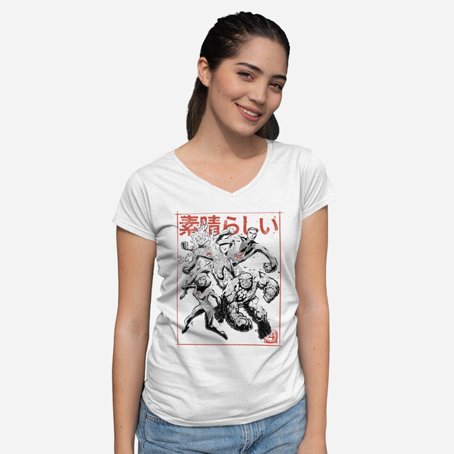 Fantastic Superheroes Sumi-e-Womens-V-Neck-Tee-Astrobot Invention