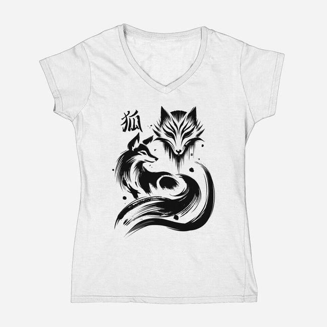 Fox Kitsune-Womens-V-Neck-Tee-fanfabio