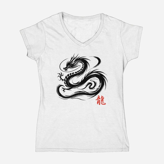 Dragon Ink Brush-Womens-V-Neck-Tee-fanfabio