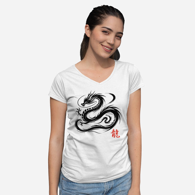 Dragon Ink Brush-Womens-V-Neck-Tee-fanfabio