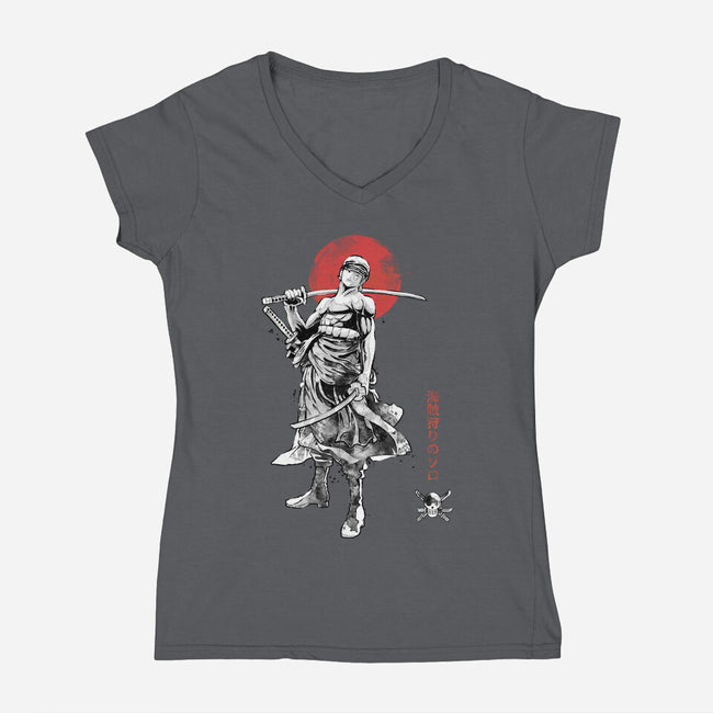 Pirate Hunter Sumi-e-Womens-V-Neck-Tee-Astrobot Invention