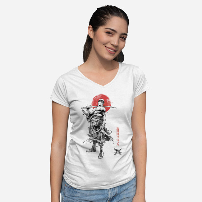 Pirate Hunter Sumi-e-Womens-V-Neck-Tee-Astrobot Invention