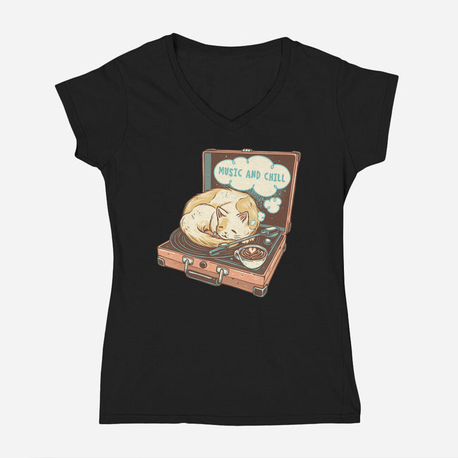 Music And Chill Cat-Womens-V-Neck-Tee-glitchygorilla