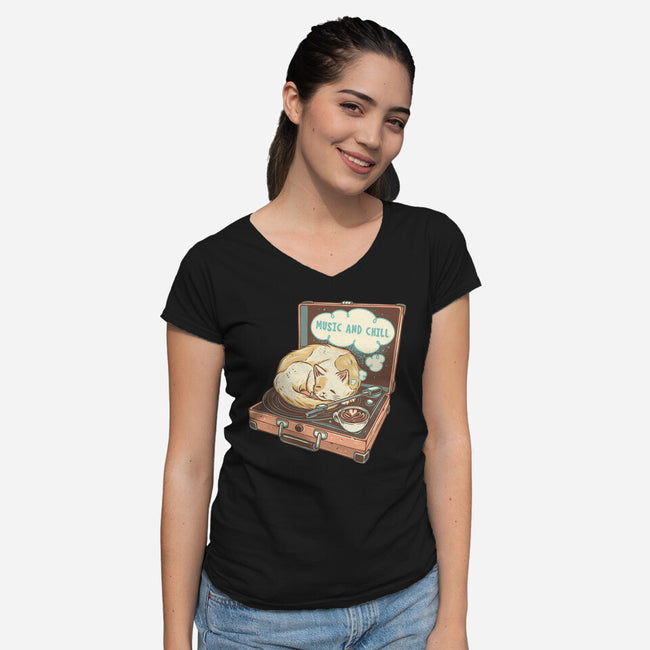 Music And Chill Cat-Womens-V-Neck-Tee-glitchygorilla