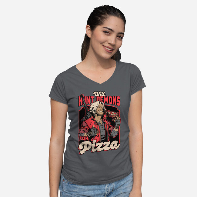 Devil Hunter Game Pizza-Womens-V-Neck-Tee-Studio Mootant