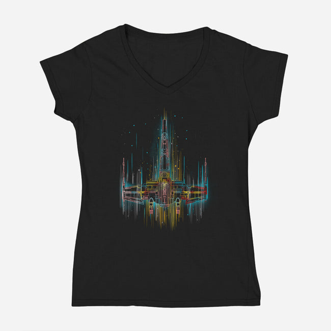 Neon X-Wing-Womens-V-Neck-Tee-kharmazero