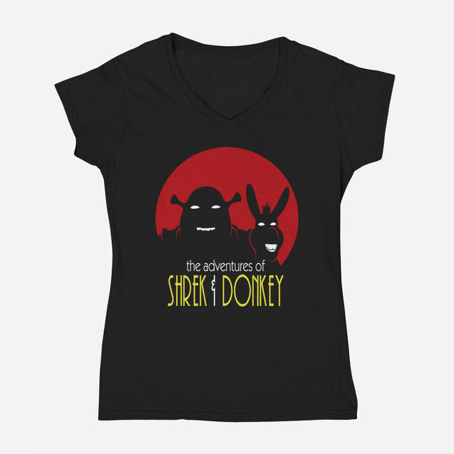 Adventures Of Shrek And Donkey-Womens-V-Neck-Tee-jasesa