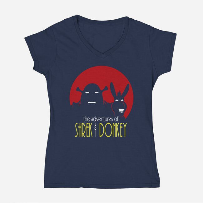 Adventures Of Shrek And Donkey-Womens-V-Neck-Tee-jasesa