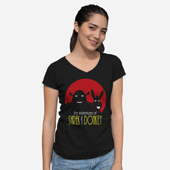 Adventures Of Shrek And Donkey-Womens-V-Neck-Tee-jasesa