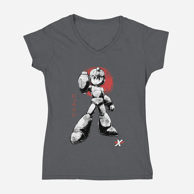 Mega Kid Sumi-e-Womens-V-Neck-Tee-Astrobot Invention