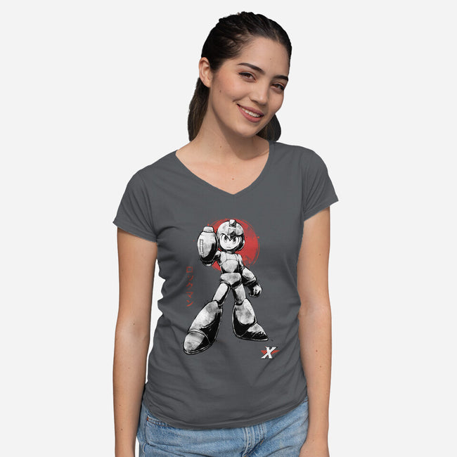 Mega Kid Sumi-e-Womens-V-Neck-Tee-Astrobot Invention